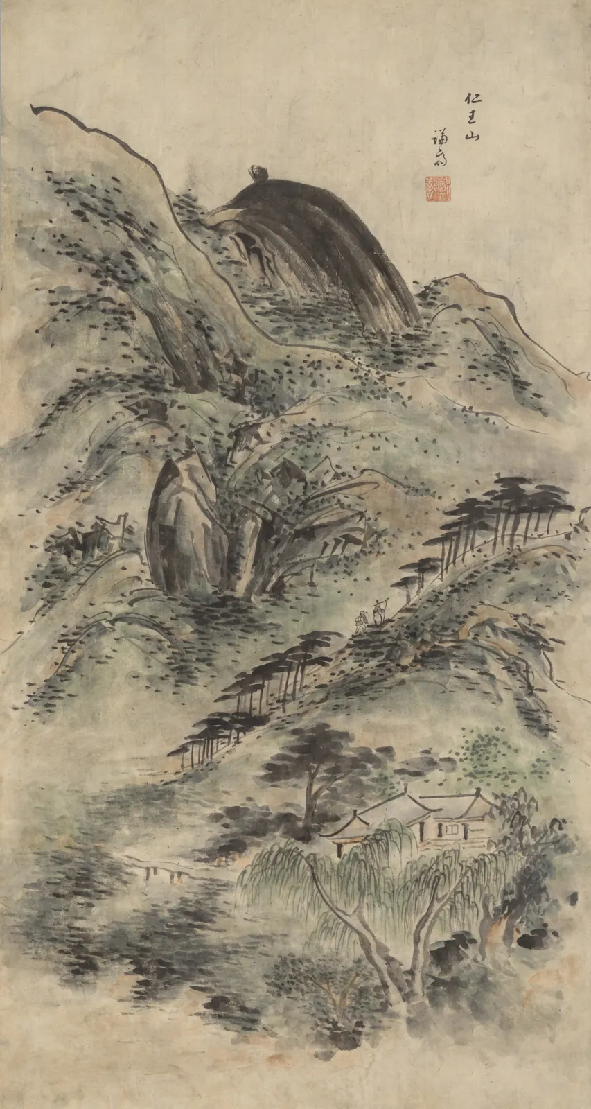 정선의 인왕산 그림. 세로로 긴 종이에 먹과 옅은 색으로 그렸다. 맨 위에 둥글고 짙은 먹색의 바위 봉우리가 솟아 있고, 그 아래로 먹점이 찍힌 비탈과 커다란 흰 바위, 줄지어 선 소나무들이 이어진다. 맨 아래에는 버드나무에 둘러싸인 기와집 한 채와 다리가 있다. 오른쪽 위에 인왕산이라는 제목과 겸재라는 서명, 붉은 인장이 있다.