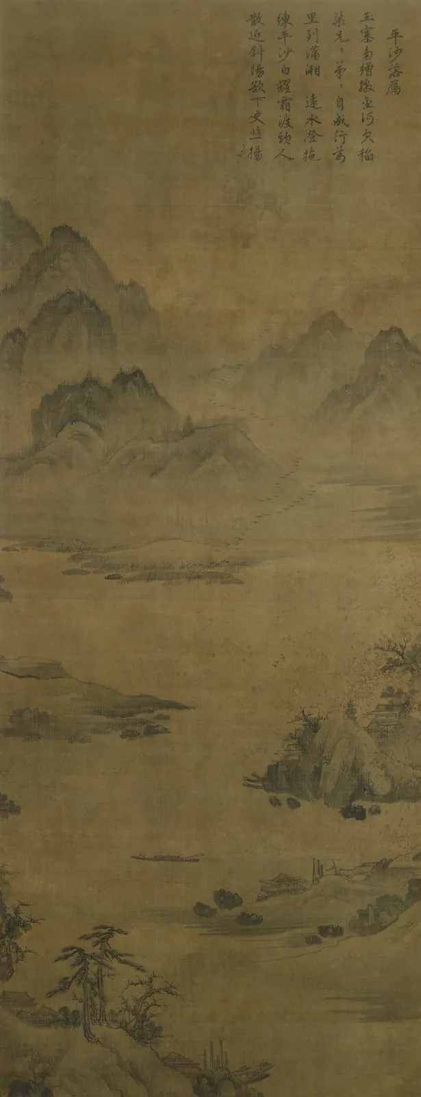 조선 시대의 세로로 긴 수묵 산수화. 위쪽 오른편에 한자로 쓴 제시가 있고, 그 아래 왼쪽에 옅은 먹으로 겹겹의 먼 산이 그려져 있다. 가운데는 넓은 물과 모래톱이 비어 있고, 아래쪽에는 짙은 먹으로 그린 소나무와 바위, 작은 배와 집들이 있다.