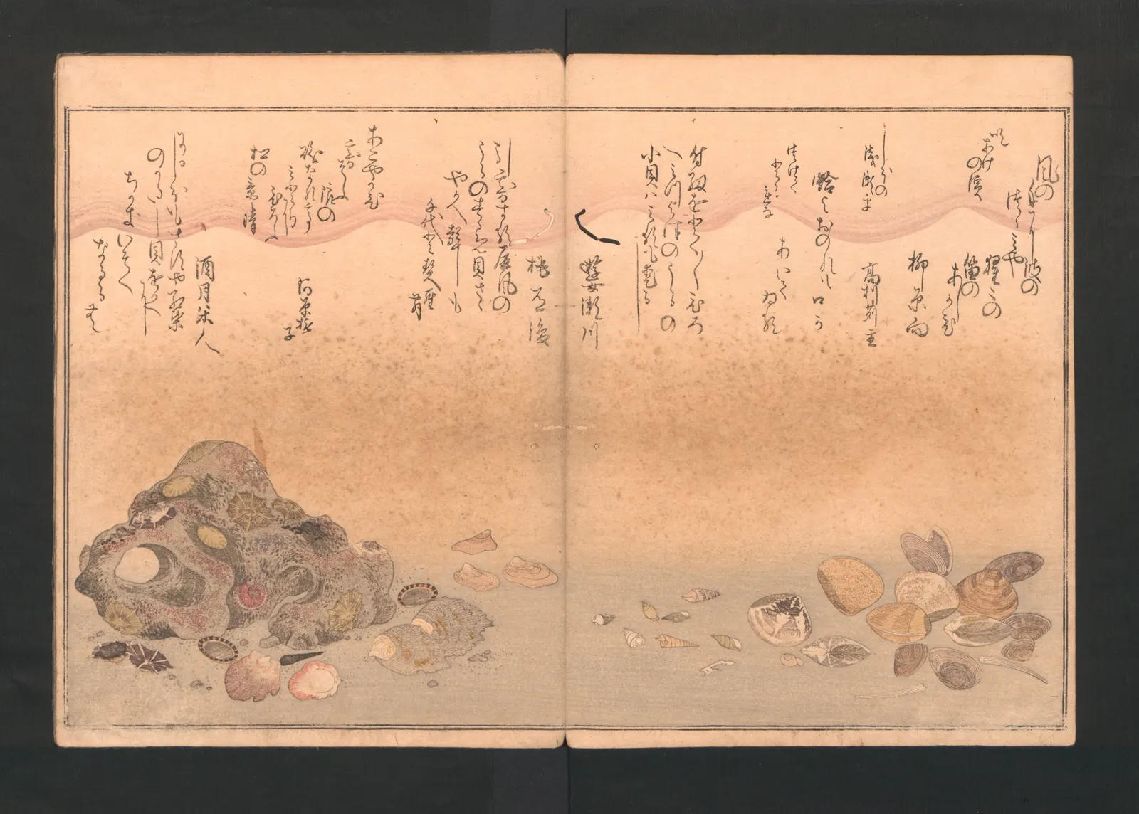 펼친 그림책의 두 면. 아래쪽 모래사장에 여러 가지 조개와 바위가 그려져 있고, 위쪽의 비어 있는 하늘 자리에 세로로 쓴 시구들이 오른쪽 면부터 여러 줄 흩어져 있다. 가운데에 책을 접는 선이 지난다.